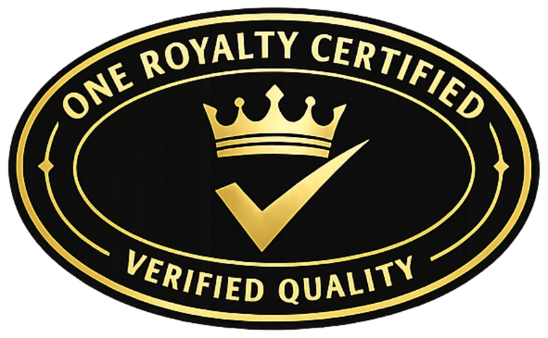 OneRoyalty certification seal featuring the number 1 framed by laurel branches above the word Certified